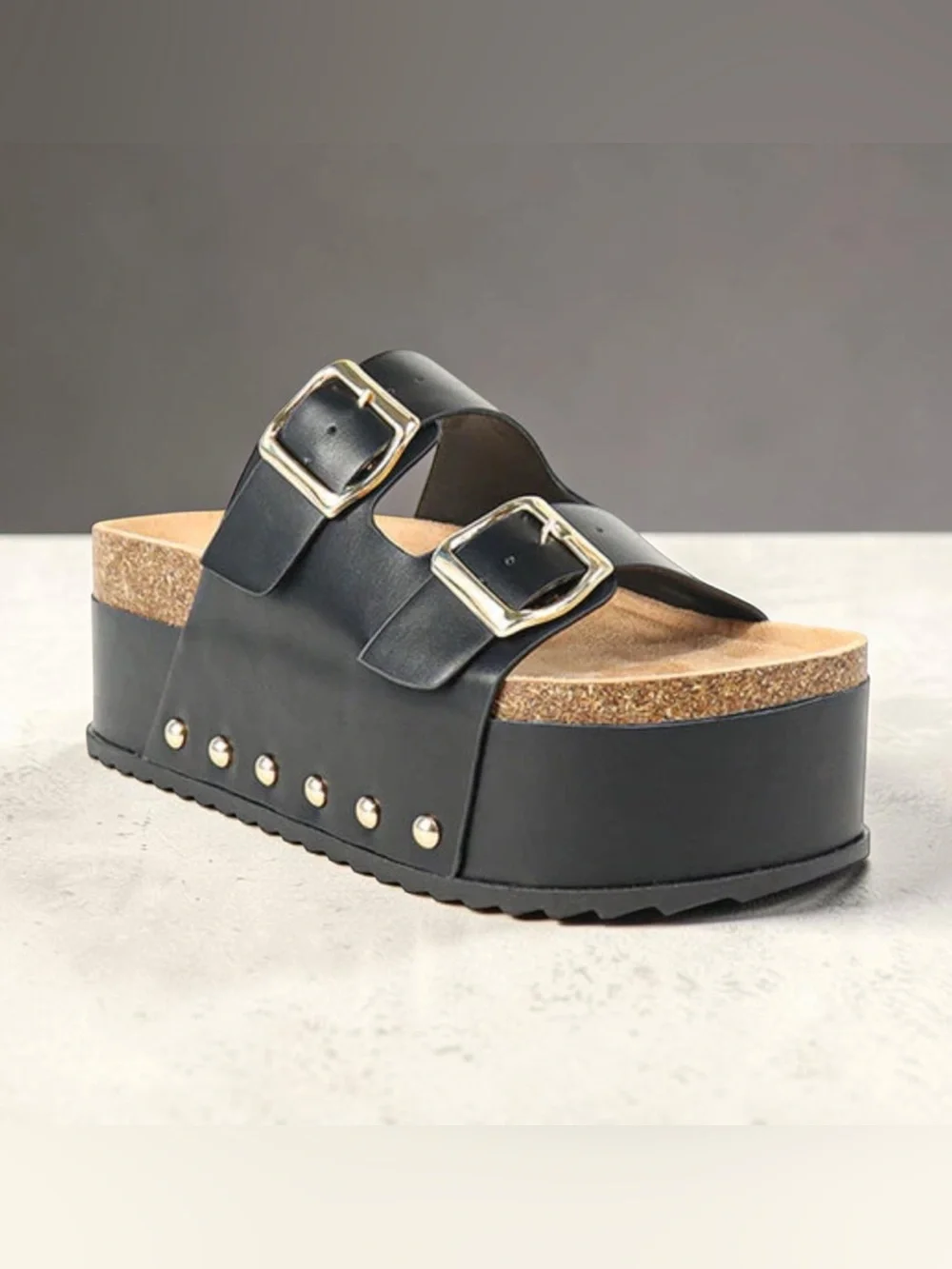 BAMBOO Blowout Black Platform Double Buckle Slide Sandals
